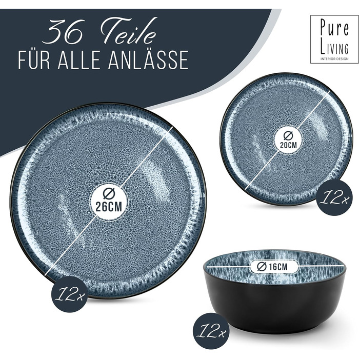 Набір посуду з керамограніту 6 персон Ibiza 24 шт. - Середземноморський набір посуду, посудомийна машина, мікрохвильова піч і захист від подряпин - Набір мисок і тарілок - Посуд Pure Living Black в димчасто-блакитному кольорі (набір з 36 предметів)