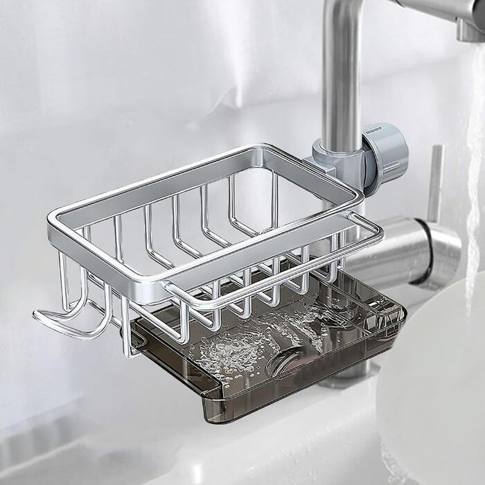 Тримач для губки для кухонного змішувача - Багатофункціональний органайзер для раковини Кошик для зберігання губок, рушників для посуду та щіток Міцний дизайн з алюмінію та ABS-пластику Ідеально підходить для зберігання у ванній кімнаті (сріблястий)