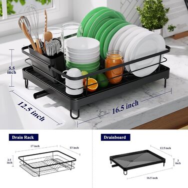 Сушарка для посуду Vialex, компактна сушарка для посуду для кухонного столу, приставна кухонна сушарка з нержавіючої сталі з тримачем для столових приборів, сушарка для посуду (чорна, XL)