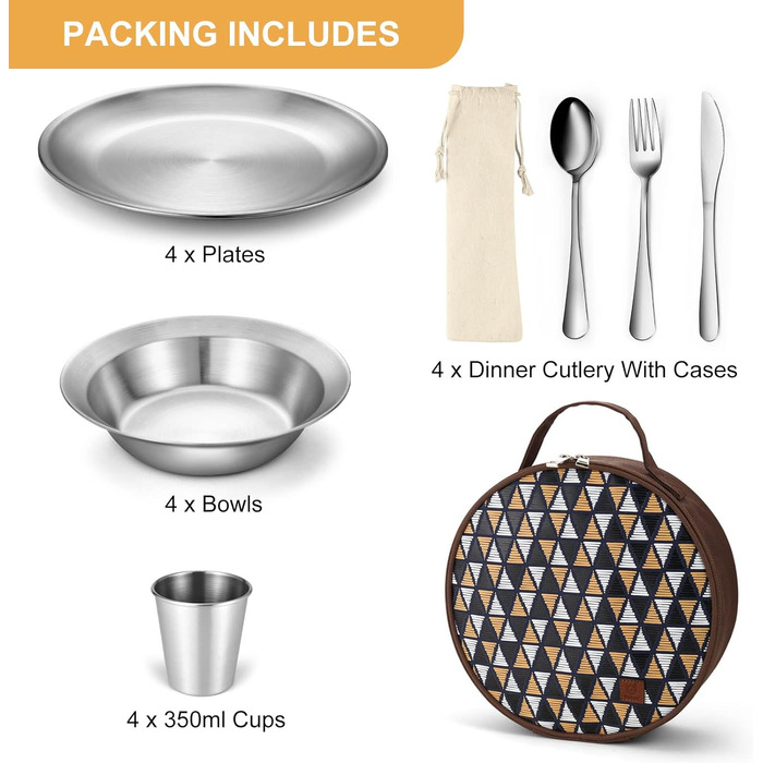 Набір столових приборів Odoland Camping Набір посуду 13 шт. Обідній сервіз з нержавіючої сталі з футляром, ножем, виделкою, ложкою, тарілкою, кавовою кружкою Ідеально підходить для подорожей на свіжому повітрі Походи Кемпінг (для 4 осіб)