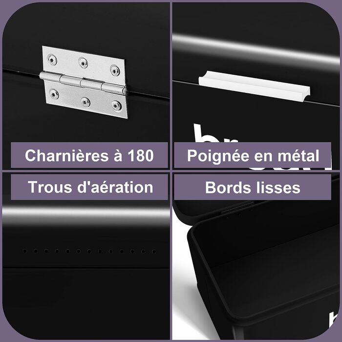 Хлібниця Herogo, Чорна хлібниця з відкидною кришкою, вінтажна металева коробка для зберігання Контейнер для хліба, тостів, печива, великої місткості та сучасного дизайну (42 x 22,5 x 16 см)