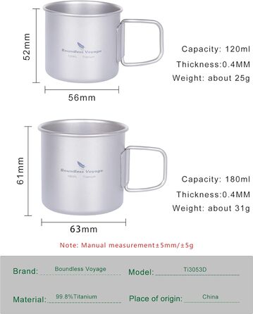 Набір титанових чашок для кемпінгу 120 та 180 мл iBasingo