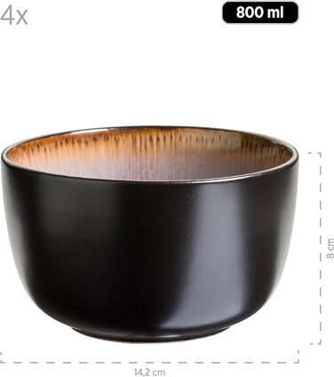 Керамічний набір посуду для 4 персон із зелено-коричневою реактивною глазур'ю, комбінований сервіз із 20 предметів у сучасних стриманих формах купе, керамограніт (зернові миски), 934100 Series Teona