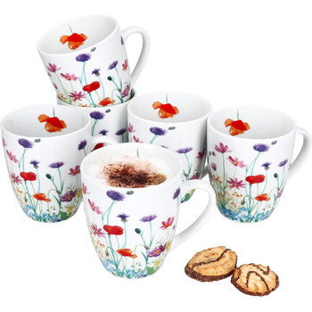 Набір MamboCat Marie з 6 кавових кухлів I 320 мл I Порцелянова кружка з ручкою та квітковою галявиною на 6 персон I Чашки для гарячих напоїв, таких як чай, какао тощо