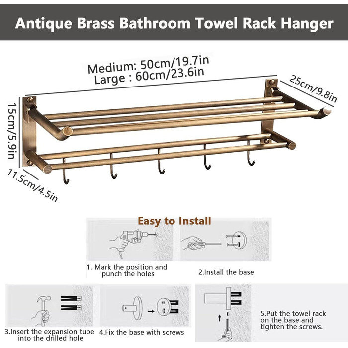 Вінтажний латунний тримач для рушників 50 х 25 х 15 см Generisch
