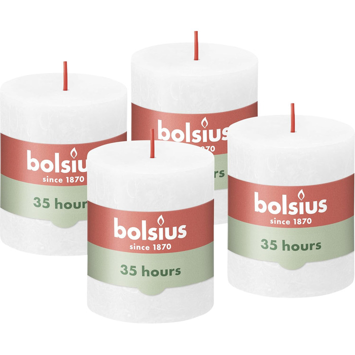 Свічки Bolsius Rustic Pillar - Оливково-зелені - Набір з 4 шт. - Декоративні побутові свічки - Час горіння 60 годин - Без запаху - Натуральний рослинний віск - Без пальмової олії - Оливково-зелені (8 x 7 см, Білі)