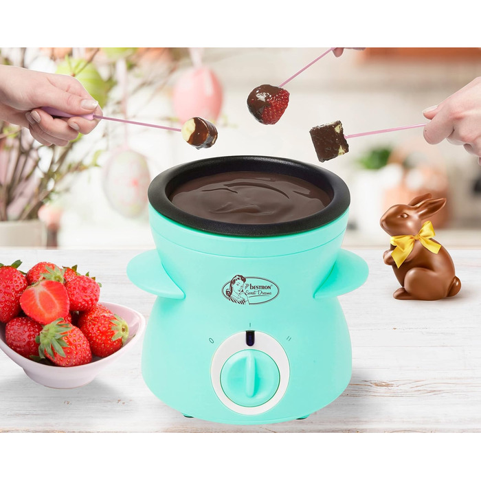 Шоколадне фондю Bestron на 2 персони, міні-набір шоколадного фондю, в т.ч. 10 шпажок, 10 виделок і лопатка, 25 Вт, (м'ята)