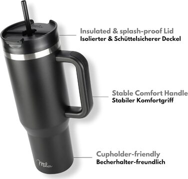 Термокружка 1200 мл с трубочкой и ручкой, черная Milu