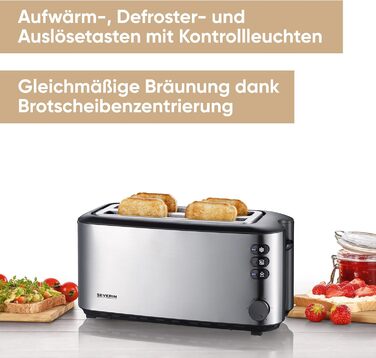 Автоматический тостер SEVERIN с длинными щелями, тостер с насадкой для булочки, высококачественный тостер из нержавеющей стали с большими камерами для запекания и мощностью 1400 Вт, матовая нержавеющая сталь/черный, AT 2509