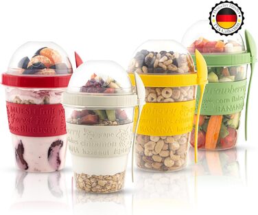 Стаканчик для пластівців TYA I з кришкою, набір з 4 стаканчиків для йогурту об&39ємом 600 мл з ложкою для сніданку, 100 БЕЗ BPA, контейнер для фруктів для вівсянки на ніч, міні-миска для пластівців, коробка для приготування їжі