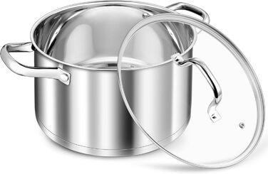 Велика каструля TEAMFAR, каструля з нержавіючої сталі, індукційна плита, скляна кришка, 3-шарове дно для всіх типів плит, каструля для пасти 26 см, каструля для м&39яса, без покриття та нетоксична, можна мити в посудомийній машині (5,7 літра)