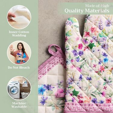 Рукавички для духовки Maison d&39 Hermine, Прихватки для каструль, 100 бавовна, термостійкі кухонні рукавички, рукавички для духовки (19 x 33 см) та прихватки для каструль (20 x 20 см) для приготування їжі, Морзін - Рукавички для духовки (19 x 33 см) та п