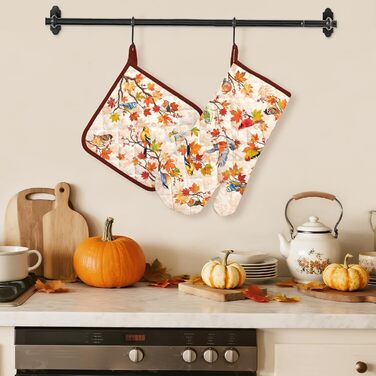 Набір з 2 різдвяних рукавиць для духовки та підставки для каструль Arquiel, 100 бавовняні кулінарні рукавички, термостійкі кухонні рукавички для приготування їжі, різдвяні подарунки для жінок (птахи, рукавиця для духовки підставка для каструль)