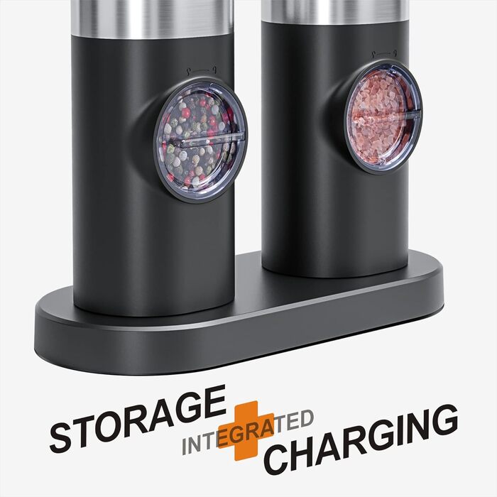 Млин для солі та перцю електричний з базою, що заряджається, 2 предмети, чорний/металік Littneo