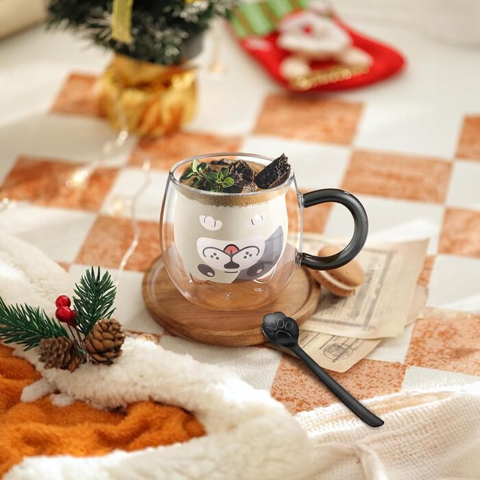 Двостінні милі різдвяні склянки для лате макіато 270 мл Кавова чашка Різдвяна кружка з ситечком для чаю Різдвяна ялинка Чайні склянки для молока, льоду, різдвяні подарунки для жінок і дітей (Тип 5 - Французький бульдог, Тип 5 - 280 мл * 1)