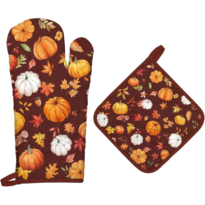 Набір з 2 різдвяних рукавиць для духовки та підставки для каструль Arquiel, 100 бавовняні кулінарні рукавички, термостійкі кухонні рукавички для приготування їжі, різдвяні подарунки для жінок (гарбуз, рукавичка для духовки підставка для каструль)