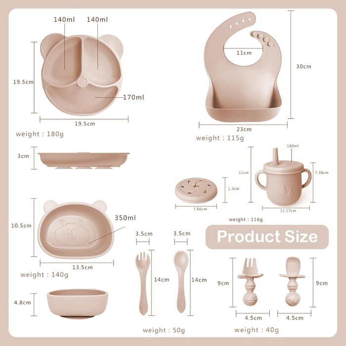 Набір дитячого посуду із силікону, 9 предметів, бежевий Bizcasa