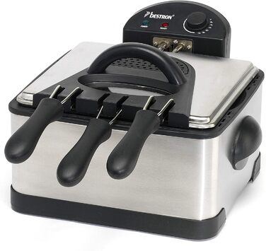 Фритюрница Bestron XL с 3 корзинами для жарки, включая технологию холодной зоны и семный контейнер для масла, 4 литра, можно мыть в посудомоечной машине, 2000 Вт, нержавеющая сталь, цвет (серебристый)