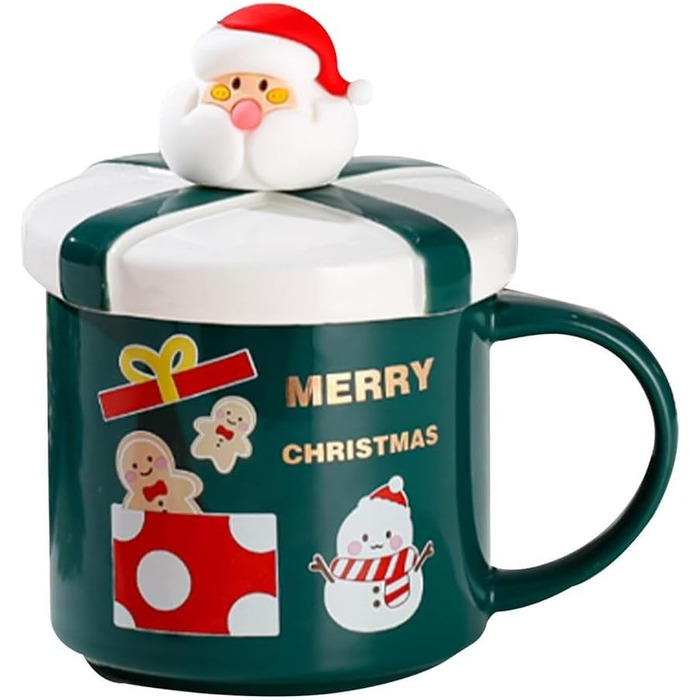 Різдвяний кухоль 400 мл з кришкою та ложкою, зелений з принтом сніговика SuperglockT
