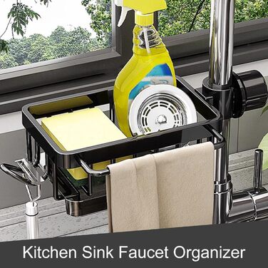 Тримач для губки для кухонного змішувача - Багатофункціональний органайзер для раковини Кошик-кран для зберігання губок, рушників для посуду та щіток Міцний дизайн з алюмінію та ABS-пластику Ідеально підходить для зберігання у ванній кімнаті (чорний)