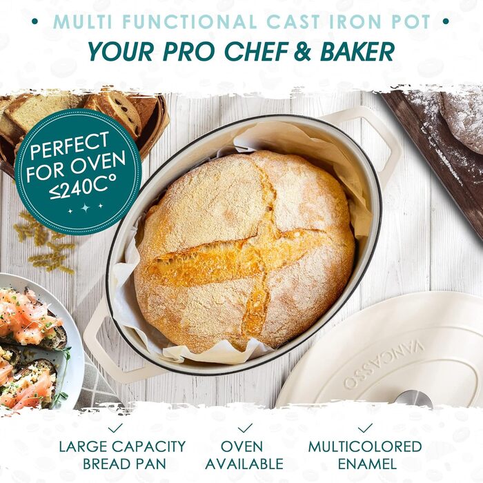 Чавунна сковорода Vancasso, чавунна каструля з кришкою, емальоване покриття об&39ємом 5 л, індукційна запіканка, каструля, чавунна сковорода для всіх типів плит, підходить для індукції, кругла, кремово-біла, 5 л біла (білий, 37 см)