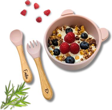 Набір дитячого посуду з гравіюванням імені - виделка, ложка і миска, індивідуальні подарунки для малюків від 1 року, хлопчика чи дівчинки, від 12 місяців (набір без нагрудника) (рожевий)
