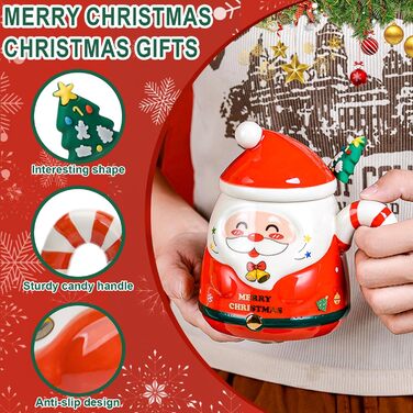 Милі кухлі Санта-Клауса ZONSUSE, кухоль з Різдвом Христовим, 3D різдвяна кружка, з ручками у формі цукерок та ложкою у формі ялинки, ідеї різдвяних подарунків для жінок та чоловіків 400 мл (A-зелений) (A-червоний)