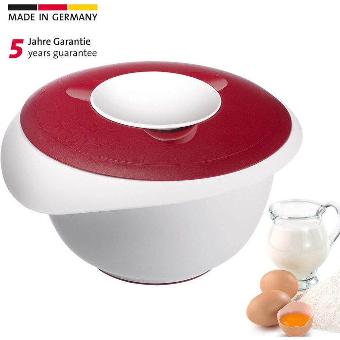 Чаша для змішування та випікання з двокомпонентною кришкою, 2,5 л, з носиком, пластикова, біла/яблучно-зелена, 3153227A (біла/червона, з кришкою)