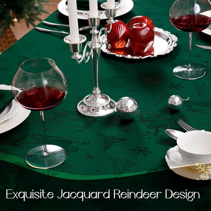 Маленька різдвяна скатертина Romanstile, яку можна прати та вона водовідштовхувальна, жакардові олені та ялинка, квадратна скатертина для журнального столика, святкова, подарункова (150 x 300 см, темно-зелена)
