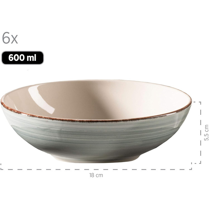 Набір тарілок для 6 осіб у сучасному вінтажному стилі, столовий сервіз із 18 предметів, керамічний посуд з ручним розписом, керамограніт, димчасто-блакитний, 931875 Bel Tempo II