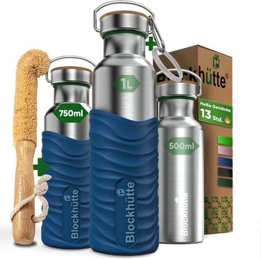Ізольована пляшка для пиття преміум-класу з нержавіючої сталі 1л з натуральною щетиною Герметична ізольована пляшка Ізольована пляшка для університету, офісу, яку можна мити в посудомийній машині Без BPA (синій)