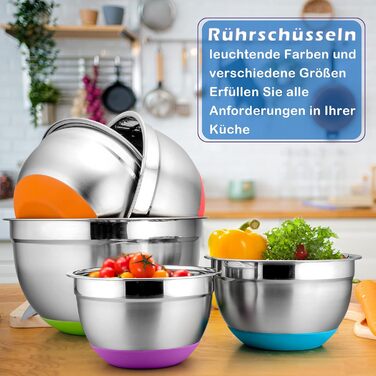 Набір мисок для змішування Herogo з 6 шт. , набір салатниць з нержавіючої сталі з герметичною кришкою та нековзним дном, чудово підходить для приготування/випічки/зберігання/сервірування, штабельований, 0,7 л/1,2 л/1,4 л/2 л/3,3 л/6,7 л барвистий