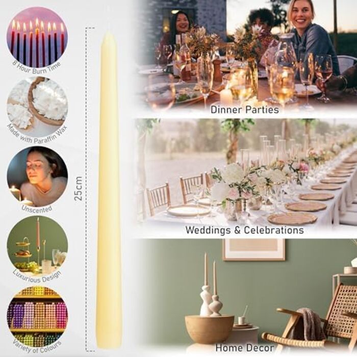 Набір свічок DECO EXPRESS Taper з 6, 10, 15 або 50 шт. , тривалий час горіння до 8 годин, без запаху (слонова кістка, набір з 15 шт. )