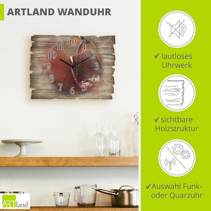 Настінний декор настінний годинник без цокання з дерева радіогодинник безшумний прямокутний 40x30 см їжа бакалія спеції трави лимон чилі вінтажний сільський U1RK трави (червоне вино, радіогодинник)