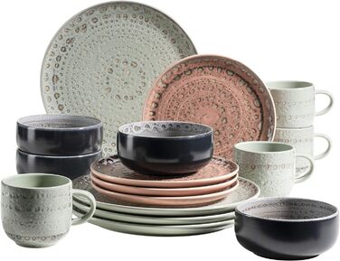 Набор посуды с ручной росписью MSER серии 931743 Spicy Market на 4 персоны в средиземноморском винтажном дизайне, комбинированный сервиз из 16 предметов из керамики, керамогранит (зеленый, розовый, синий)