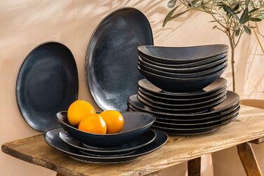 Набор посуды Combi на 6 персон - TIME BLACK Набор тарелок для микроволновой печи Modern 18 шт. - Можно мыть в посудомоечной машине Твердый фарфоровый сервиз - Обеденная тарелка Тарелка для завтрака Суповая чашка 18 шт. (Черный / Графитовый / Темно-синий, 