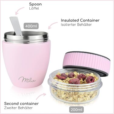 Стаканчик для пластівців Milu 400 мл з назвою MsliMax для йогурту герметичний стаканчик з ложкою (рожевий, нержавіюча сталь)