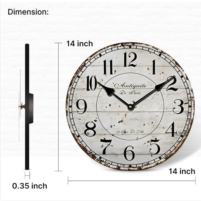 Настінний кухонний годинник YOAI, вінтажний, шеббі-шик, античний, ностальгічний, сільський, кварцовий годинник з МДФ з безшумним механізмом, 12 дюймів/30 см Ø (сірий)