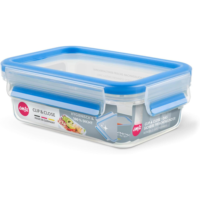 Набір контейнерів для зберігання продуктів EMSA Clip & Close, прямокутні, 5 x 0,8 л, коробки для зберігання, 100 герметичні, придатні для миття в посудомийній машині, морозильної камери та мікрохвильової печі, прозорі, сині, зроблені в Німеччині, N10307 (