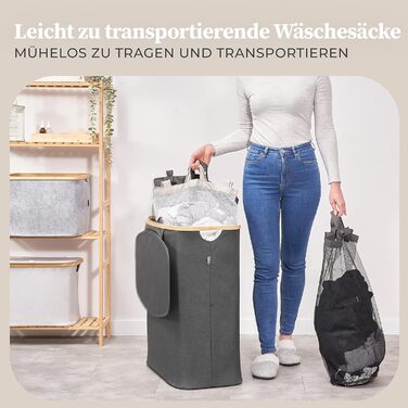 Ящик для белья 150 л - Корзина для белья 3 отделения - Крышка - Сортировщик белья с мешком для белья - Корзины для белья - Серый бамбук - Корзина для белья - Система сортировки белья - Сборник для белья 3) 150л Серый