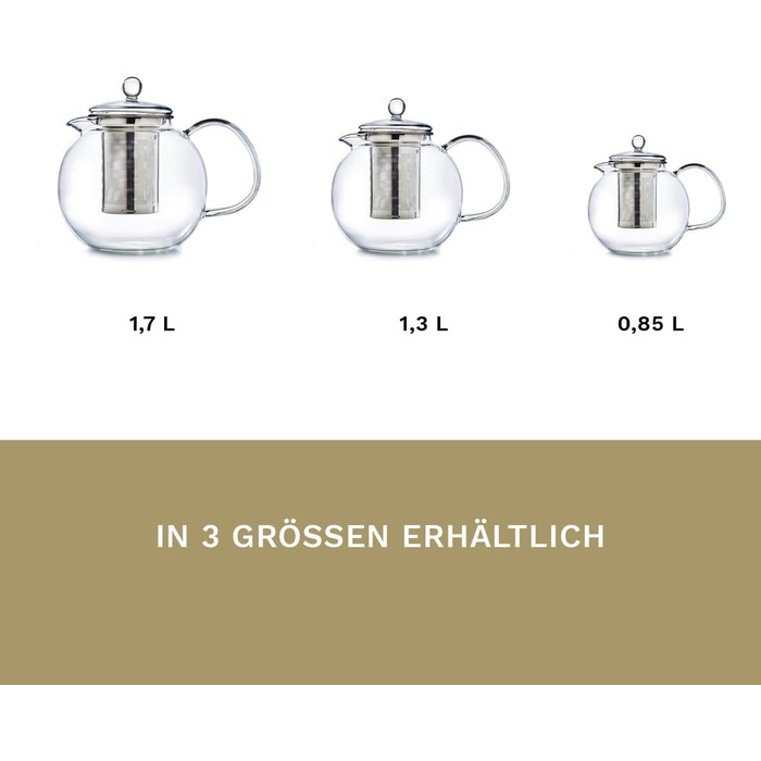 Скляний чайник Creano 1.3 л, скляний чайник із 3 частин із вбудованим ситечком з нержавіючої сталі та скляною кришкою, ідеально підходить для приготування сипучих чаїв, без крапель, моноблок (1,7 л)
