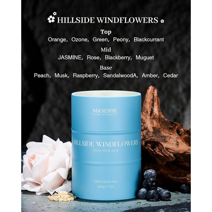 Ароматичні свічки M&SENSE з натурального соєвого воску, натуральна соєва свічка для домашнього декору, тривалий час горіння до 70 годин, класні подарунки-свічки для чоловіків і жінок (600 г, Hgelfeld Windblumen)