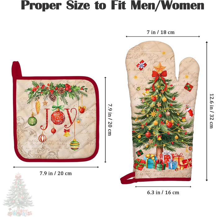 Набір з 2 різдвяних рукавичок для духовки та прихваток Arquiel, 100 бавовняні кулінарні рукавички, термостійкі кухонні рукавички для приготування їжі, різдвяний декор для кухні, подарунки для жінок (різдвяна ялинка 01, рукавички для духовки*2 прихватки*2)