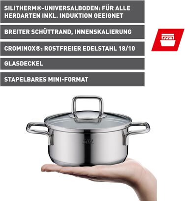 Набір посуду Silit Extra Cook каструлі 12/14 см зі скляною кришкою, внутрішньою мірною шкалою, широким обідком для зручного зливання, з нержавіючої сталі Crominox, для невеликих порцій, компактно складаються, запобігають розтіканню (каструля для смаження,