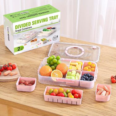 Коробка для снеків Luxear з 14 відділеннями, тарілка для снеків з кришкою та ручкою, багаторазова миска для снеків для дітей, органайзер для снеків, горіхів, фруктів, спецій, для вечірки-пікніка, можна мити в посудомийній машині, білий (рожевий, 2 комплек