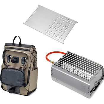 Мобільний газовий гриль Bruzz Willi BW1.1 50 мбар, велосипедний рюкзак з відділенням для охолодження, легке складання та розбирання, пальник 3,5 кВт, знімний піддон для жиру, в комплекті мультиінструмент (BW1.1 Bicycle Plancha Bundle)