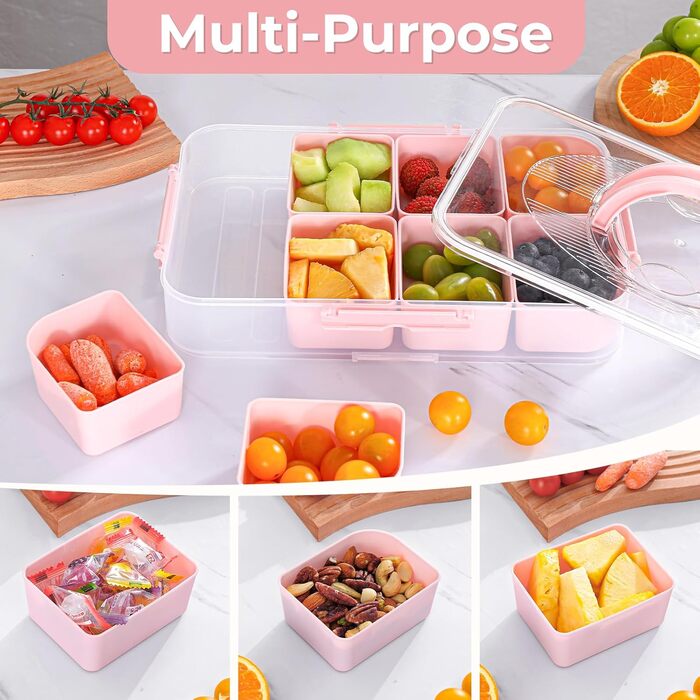 Коробка для снеків Luxear з 14 відділеннями, тарілка для снеків з кришкою та ручкою, багаторазова миска для снеків для дітей, органайзер для снеків, горіхів, фруктів, спецій, для пікніка на вечірці, можна мити в посудомийній машині, білий (рожевий, 1 комп