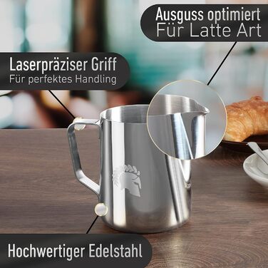 Глечик для молока Barista Legends з нержавіючої сталі 350 мл зі спеціальним носиком для лате-арту - Глечик для спінювання молока з високим глянцевим покриттям - Глечик для молока Barista з нержавіючої сталі - Аксесуари Barista (сріблястий 600 мл)