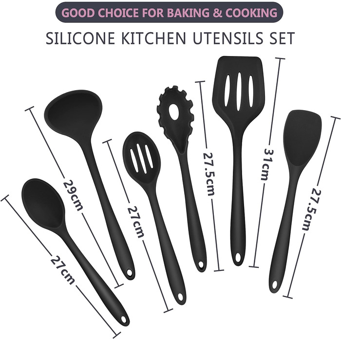 Набір кухонного посуду Herogo, набір силіконового кухонного посуду з 6 предметів, випічка, кухонне приладдя, перевертач ложок для посуду з антипригарним покриттям, стійкий до подряпин, термостійкий, можна мити в посудомийній машині (чорний) чорний 6