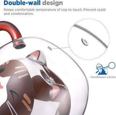 Двостінні милі келихи для лате макіато з різдвяною ялинкою 270 мл Кавова чашка Різдвяна кружка з ситечком для чаю з різдвяною ялинкою Чайні склянки для молока, льоду, різдвяні подарунки для жінок і дітей (Тип 4-помаранчево-червоний кіт, Тип 4-280 мл*1)